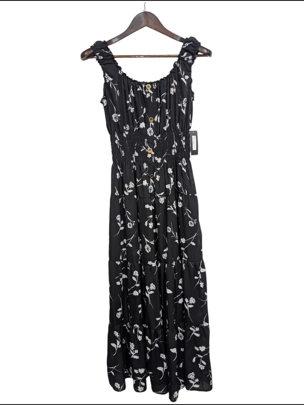 Lapis Women's Large Black & White Floral Tiered Smocked Maxi Dress